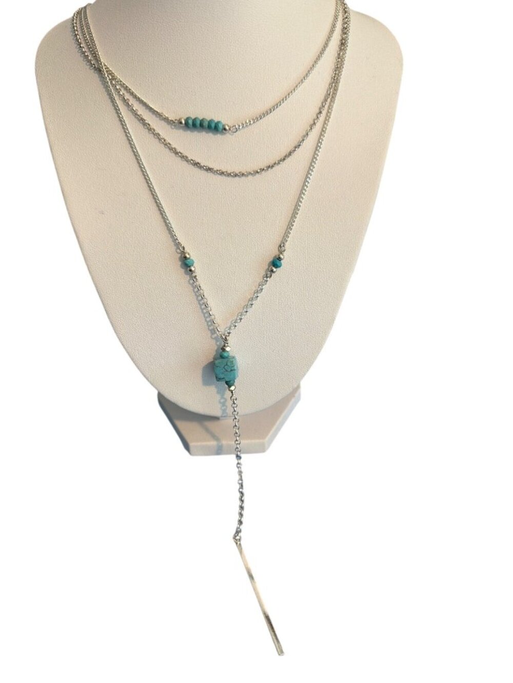 Nakamol Silver Tone Layered Necklace 3 Stands Turquoise Beads Bar Pendant Adj